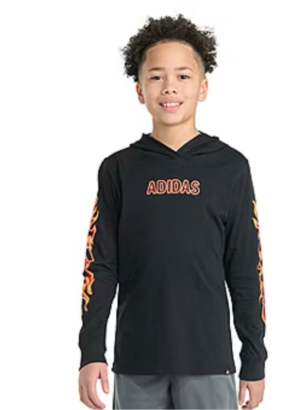 Adidas long sleeve hooded flame tee boys size large 14/16 black NWT